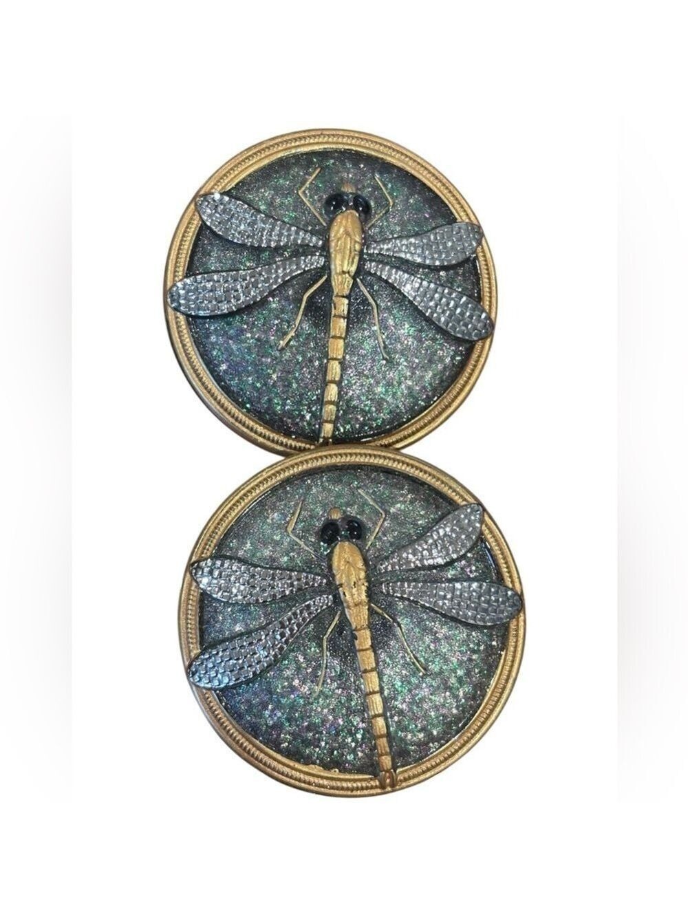 VTG 2PC GLITTERING DRAGONFLY BUTTONS 1.5” ROUND BUTTONS FAIRYCORE